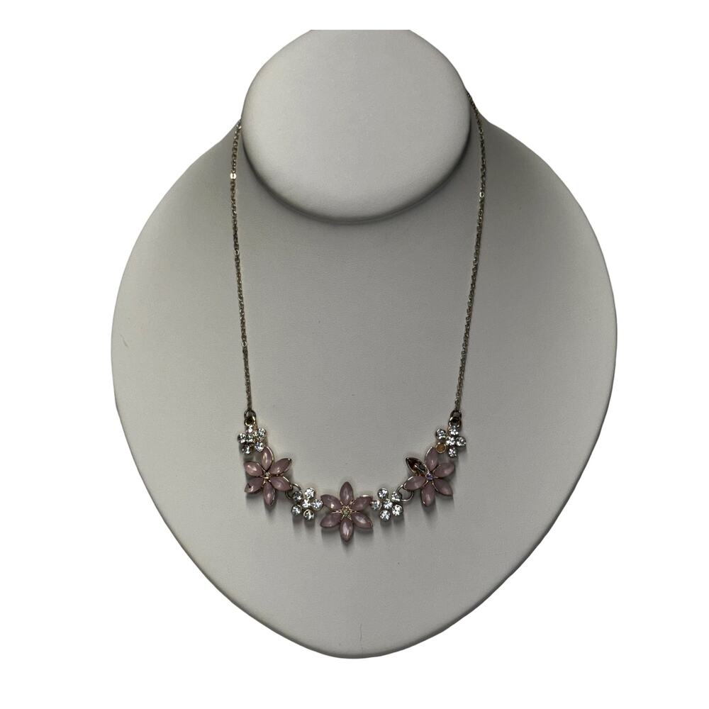 Claires Pink Rhinestone Floral Cluster Silver Tone Necklace
